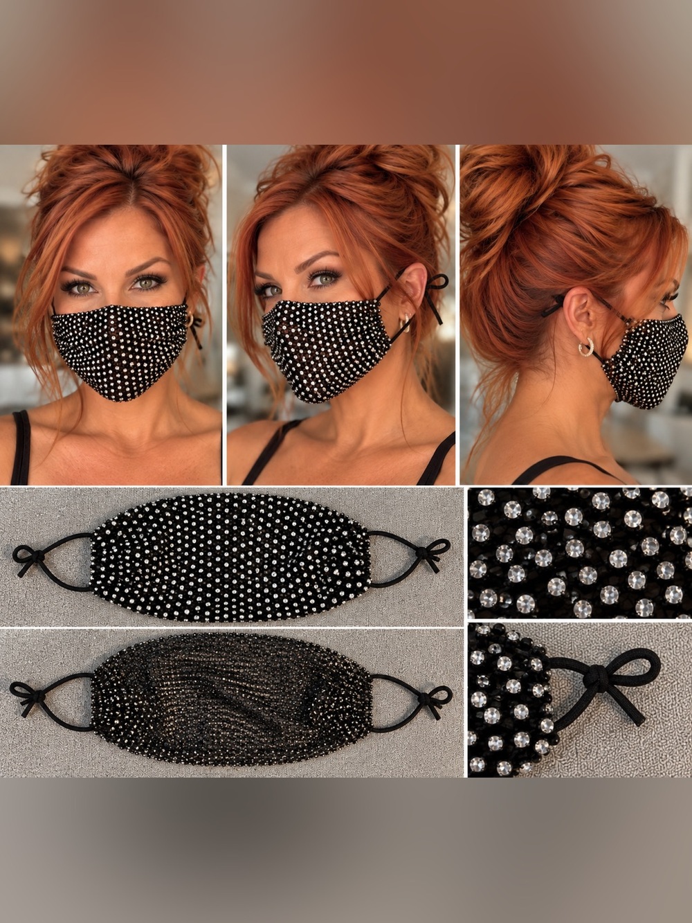 Black Rhinestone Bling Mesh Face Mask Fashion Covering Breathable